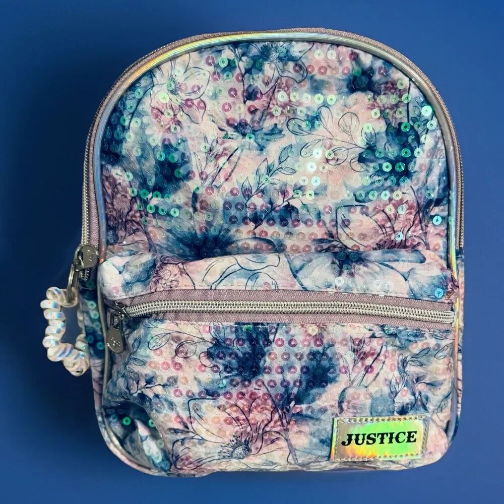 New Justice sequined Blue & Purple floral mini backpack Bag Purse Straps Zip